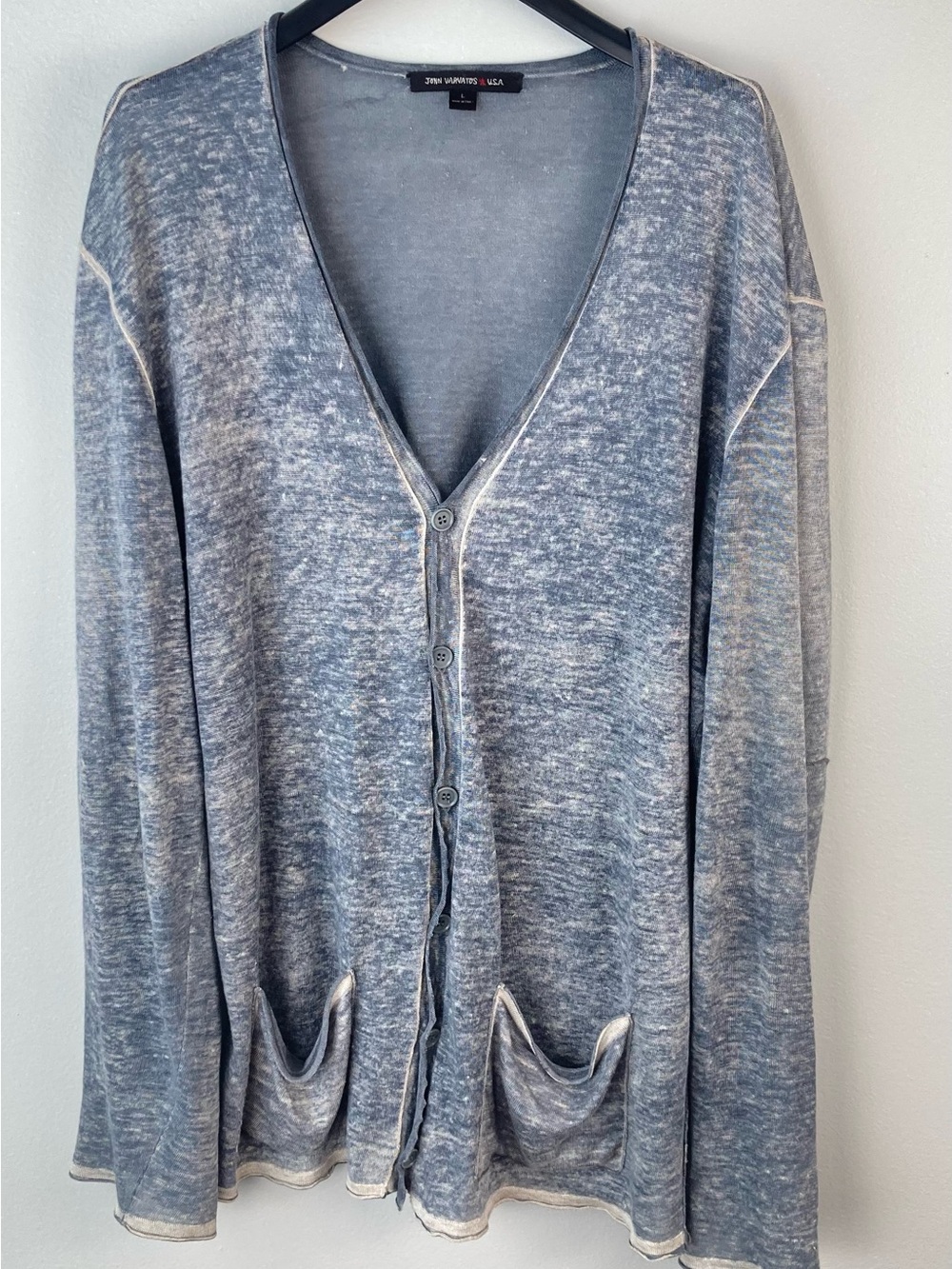 John Varvatos Star USA Heathered Gray Button Cardigan Linen Blend V Neck Size L